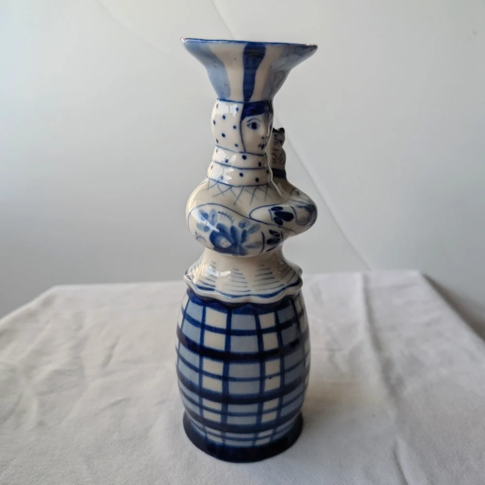 Russian Gzhel Handpainted Blue Detail Girl & Kitten Porcelain Vase Vintage